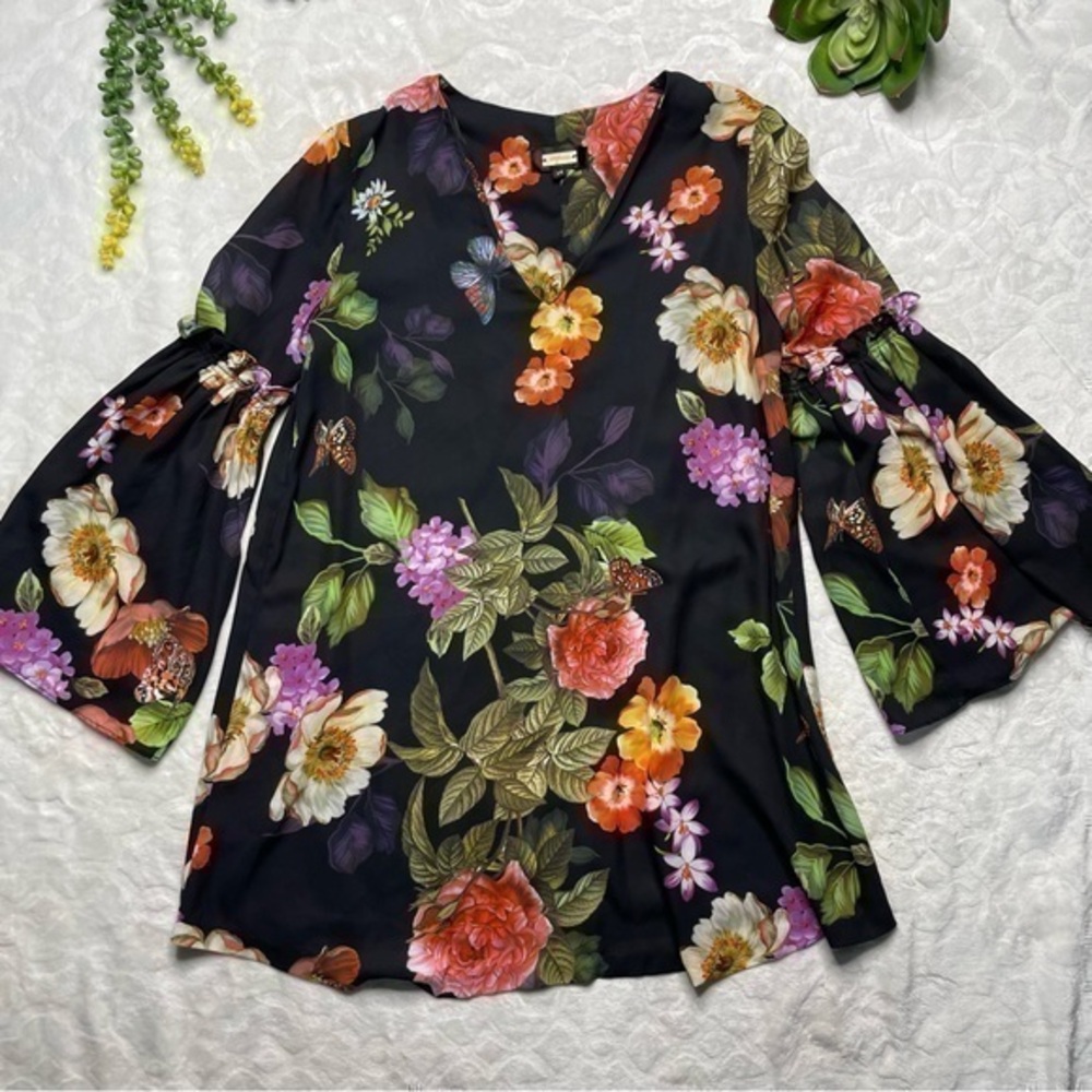 Alexis Admor Vintage Botanical Bell Sleeve Black Floral Babydoll Swing Dress Med